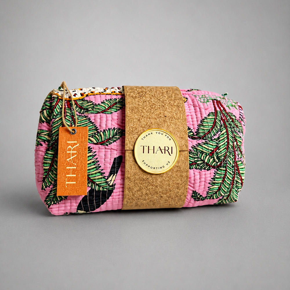 Thari Quilted Cotton Cosmetic Pouch Set of 3 - Leopard Print Travel Organiser with Waterproof Lining