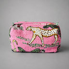 Thari Quilted Cotton Cosmetic Pouch Set of 3 - Leopard Print Travel Organiser with Waterproof Lining