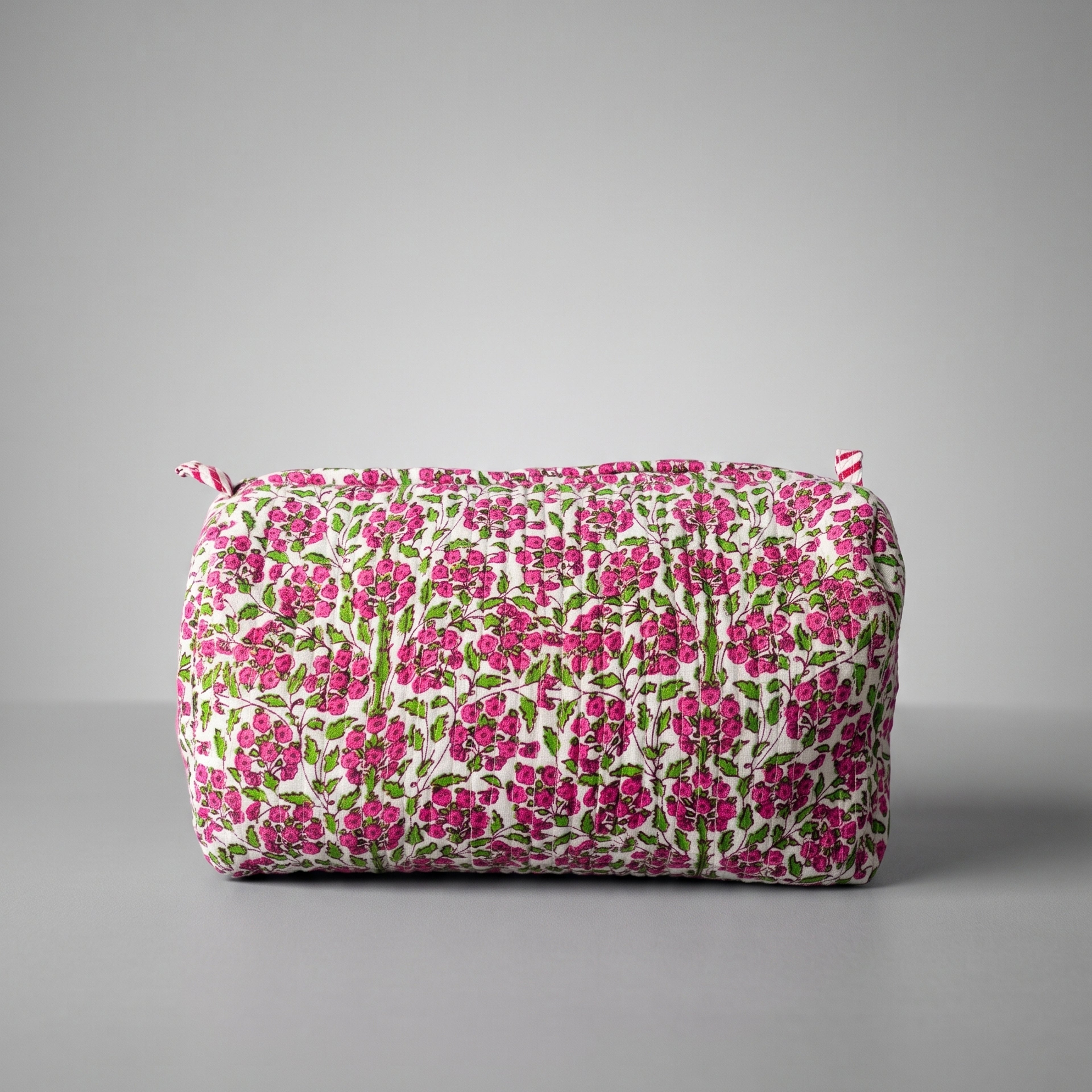 Thari Quilted Cotton Cosmetic Pouch Set of 3 - Pink Blossom Print Travel Organiser with Waterproof Lining