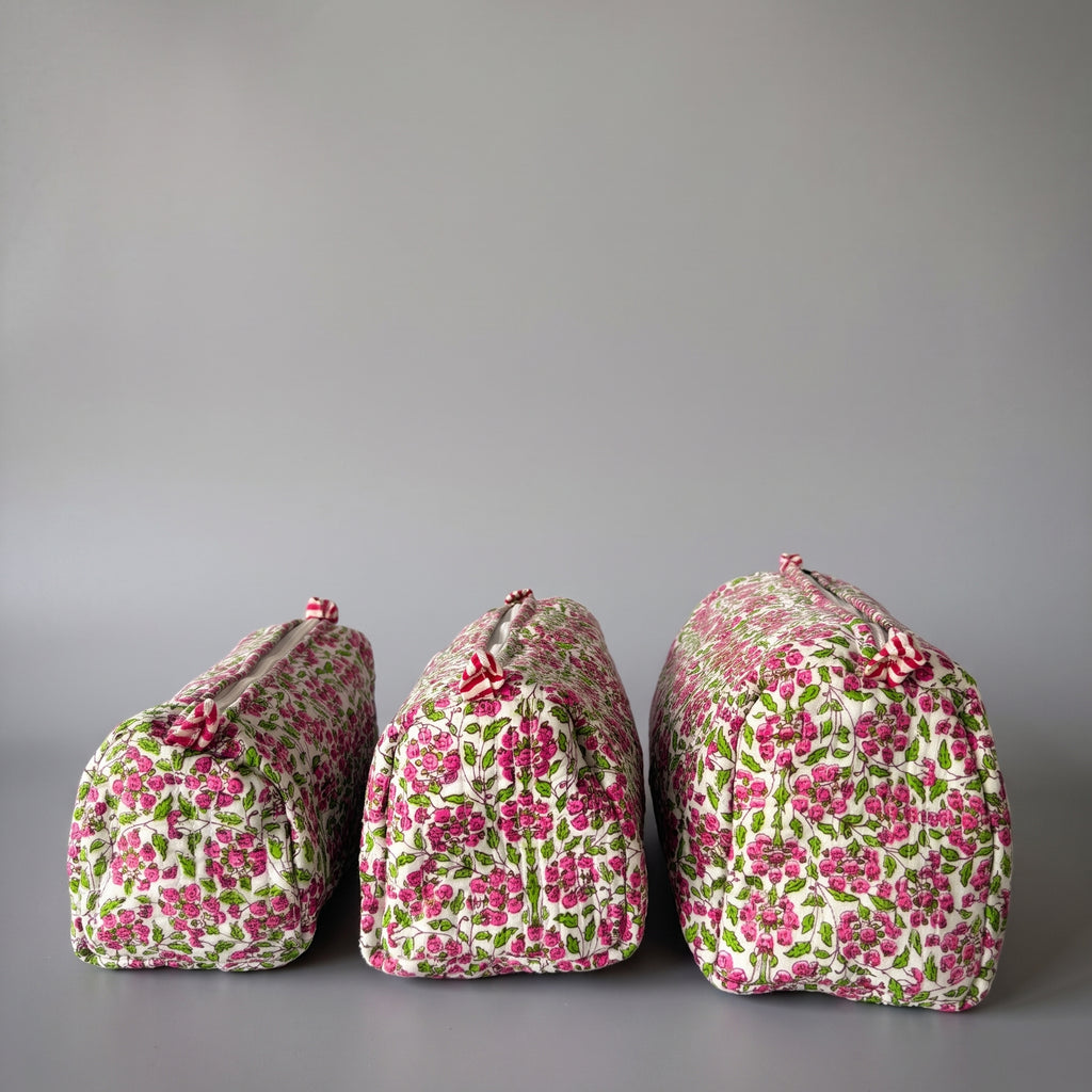 Thari Quilted Cotton Cosmetic Pouch Set of 3 - Pink Blossom Print Travel Organiser with Waterproof Lining