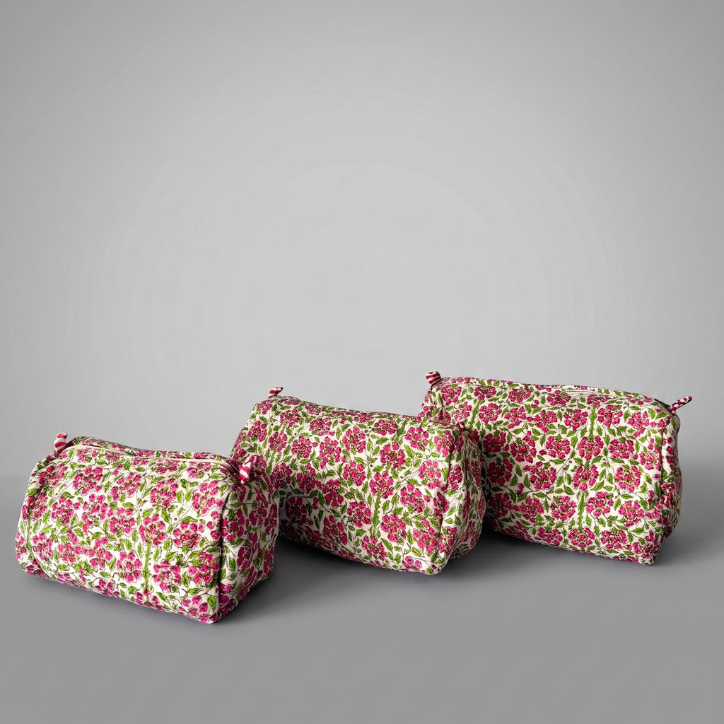Thari Quilted Cotton Cosmetic Pouch Set of 3 - Pink Blossom Print Travel Organiser with Waterproof Lining