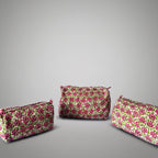 Thari Quilted Cotton Cosmetic Pouch Set of 3 - Pink Blossom Print Travel Organiser with Waterproof Lining