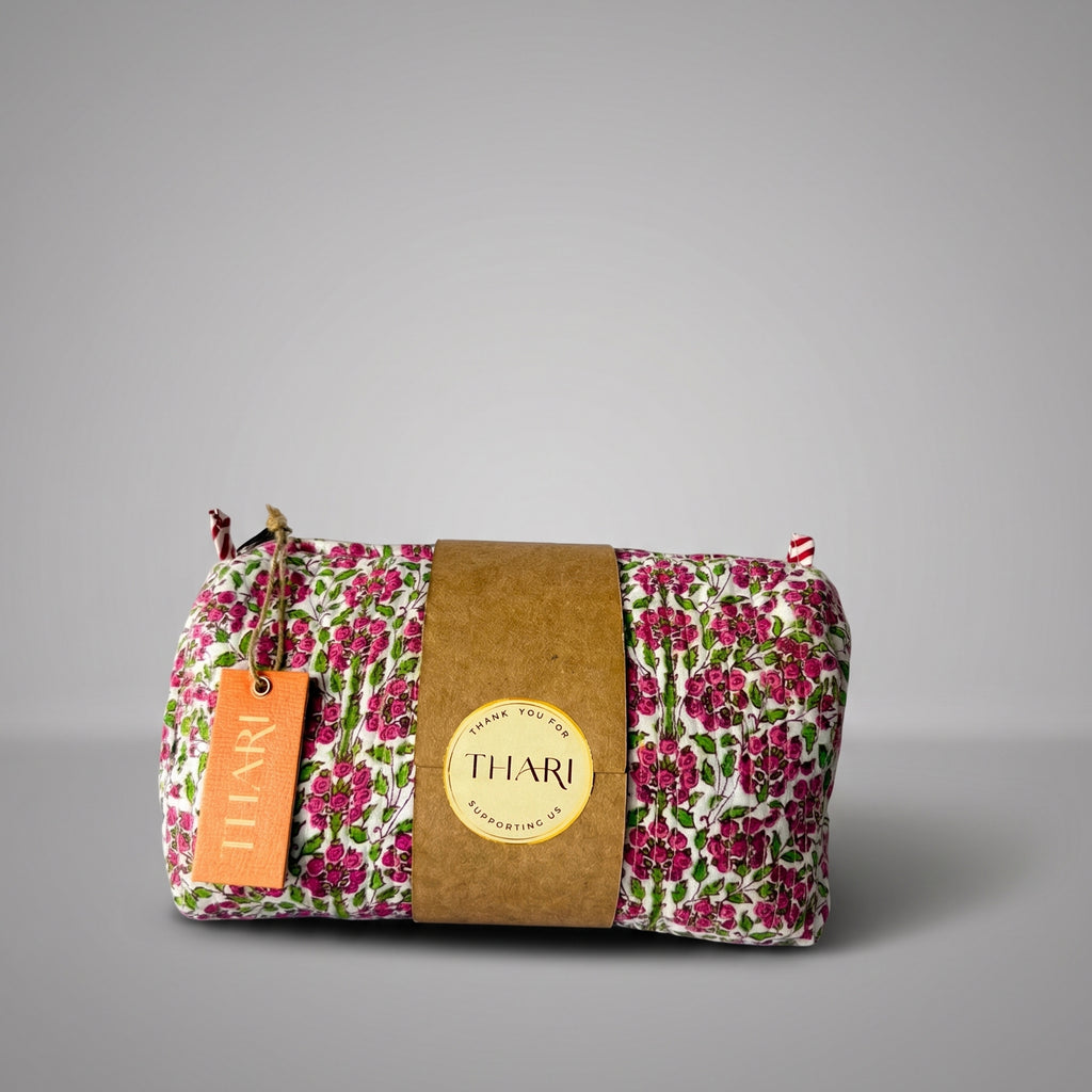 Thari Quilted Cotton Cosmetic Pouch Set of 3 - Pink Blossom Print Travel Organiser with Waterproof Lining