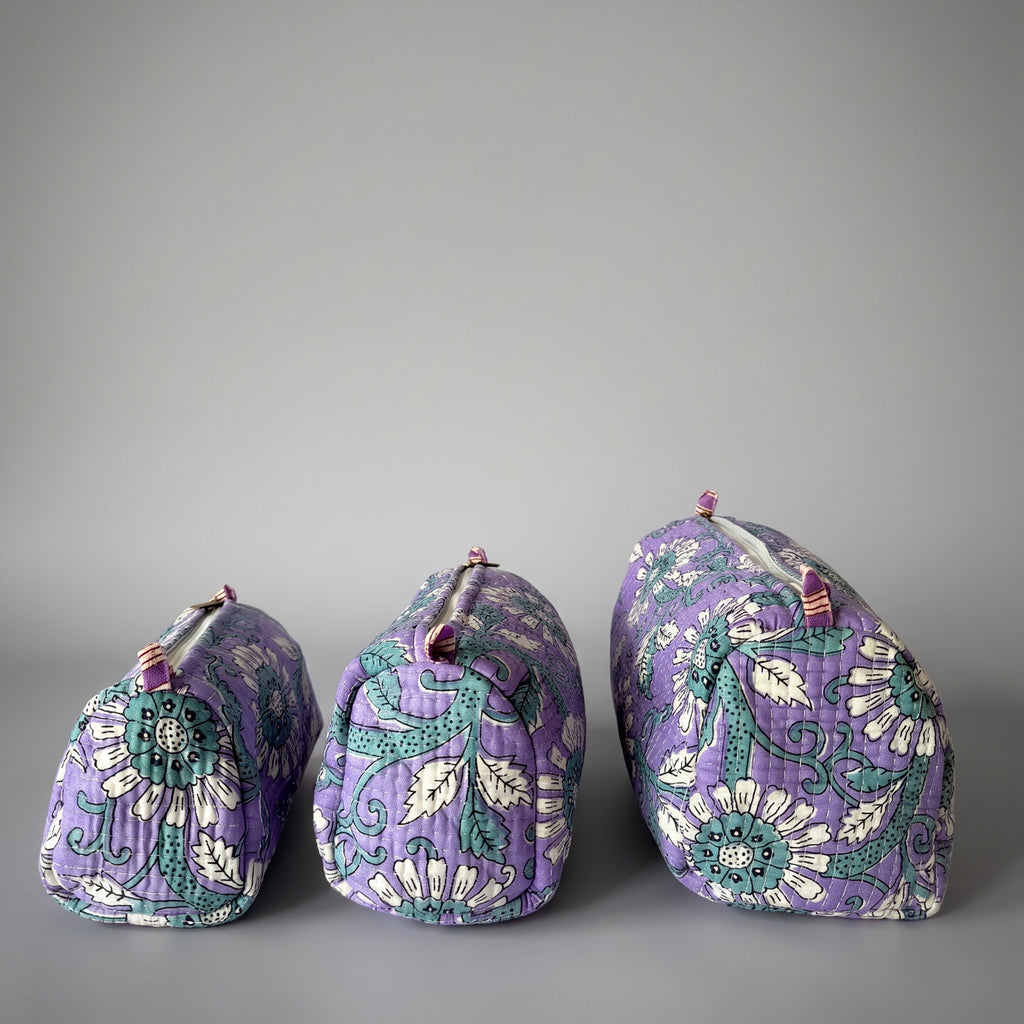 Thari Quilted Cotton Cosmetic Pouch Set of 3 - Meadow Bloom Print Travel Organiser with Waterproof Lining