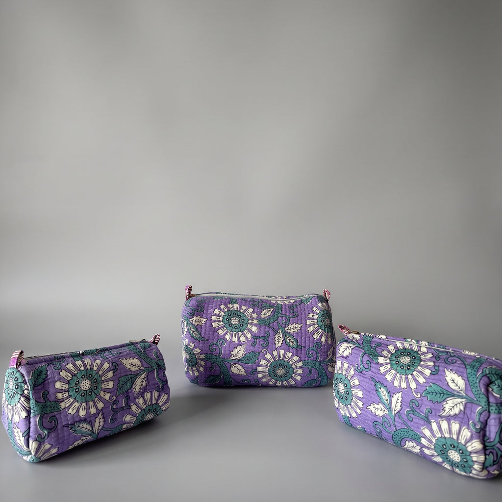 Thari Quilted Cotton Cosmetic Pouch Set of 3 - Meadow Bloom Print Travel Organiser with Waterproof Lining