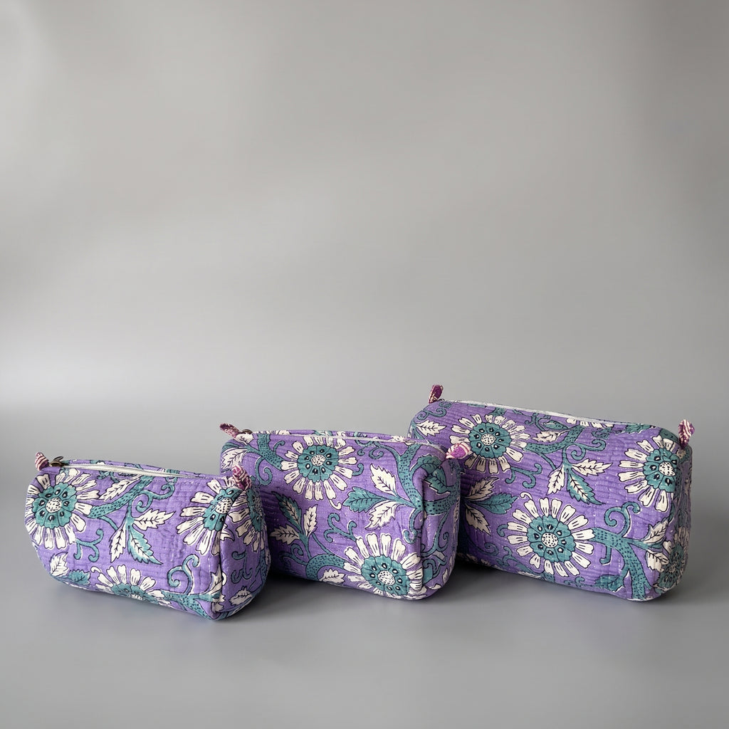 Thari Quilted Cotton Cosmetic Pouch Set of 3 - Meadow Bloom Print Travel Organiser with Waterproof Lining