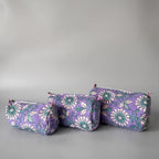 Thari Quilted Cotton Cosmetic Pouch Set of 3 - Meadow Bloom Print Travel Organiser with Waterproof Lining