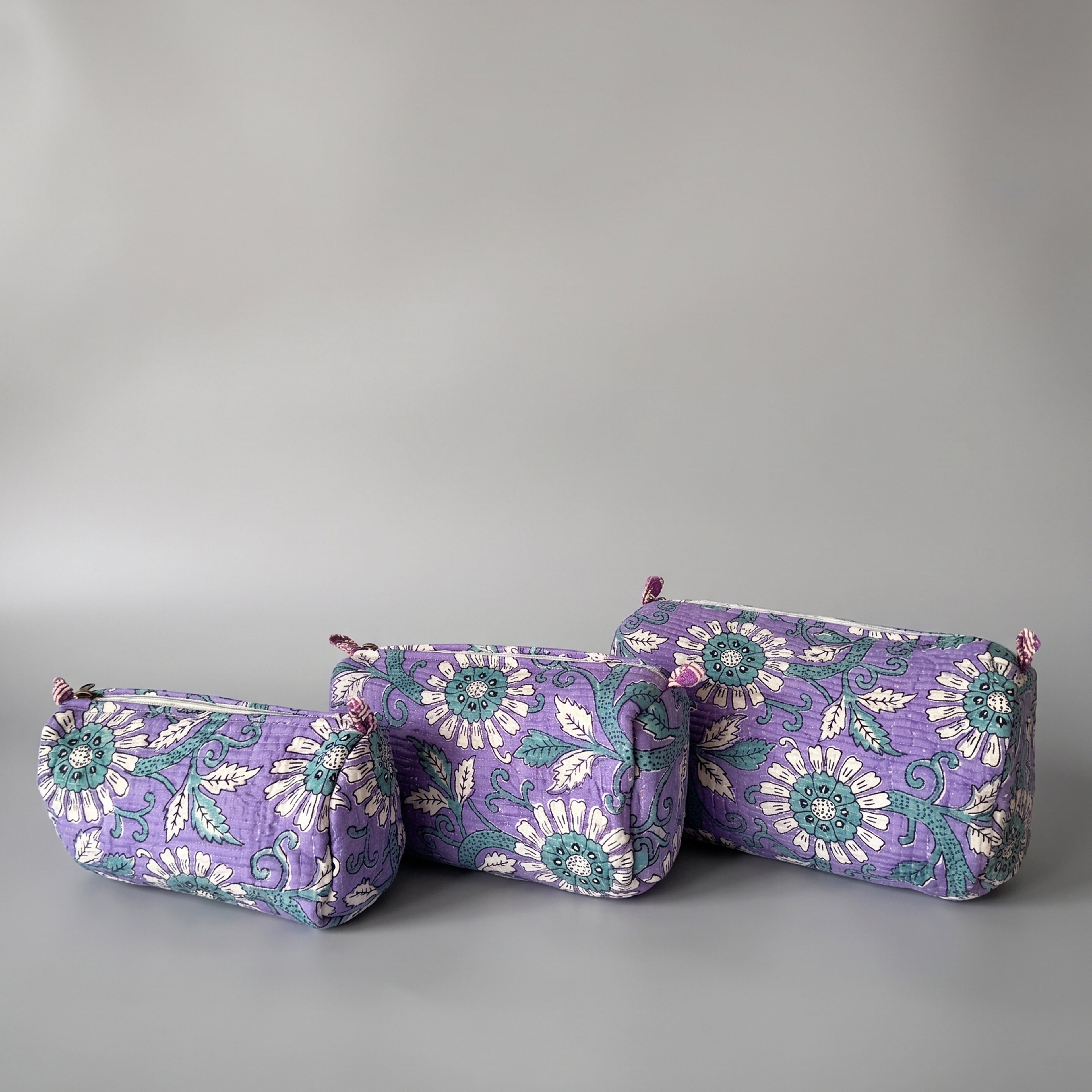 Thari Quilted Cotton Cosmetic Pouch Set of 3 - Meadow Bloom Print Travel Organiser with Waterproof Lining