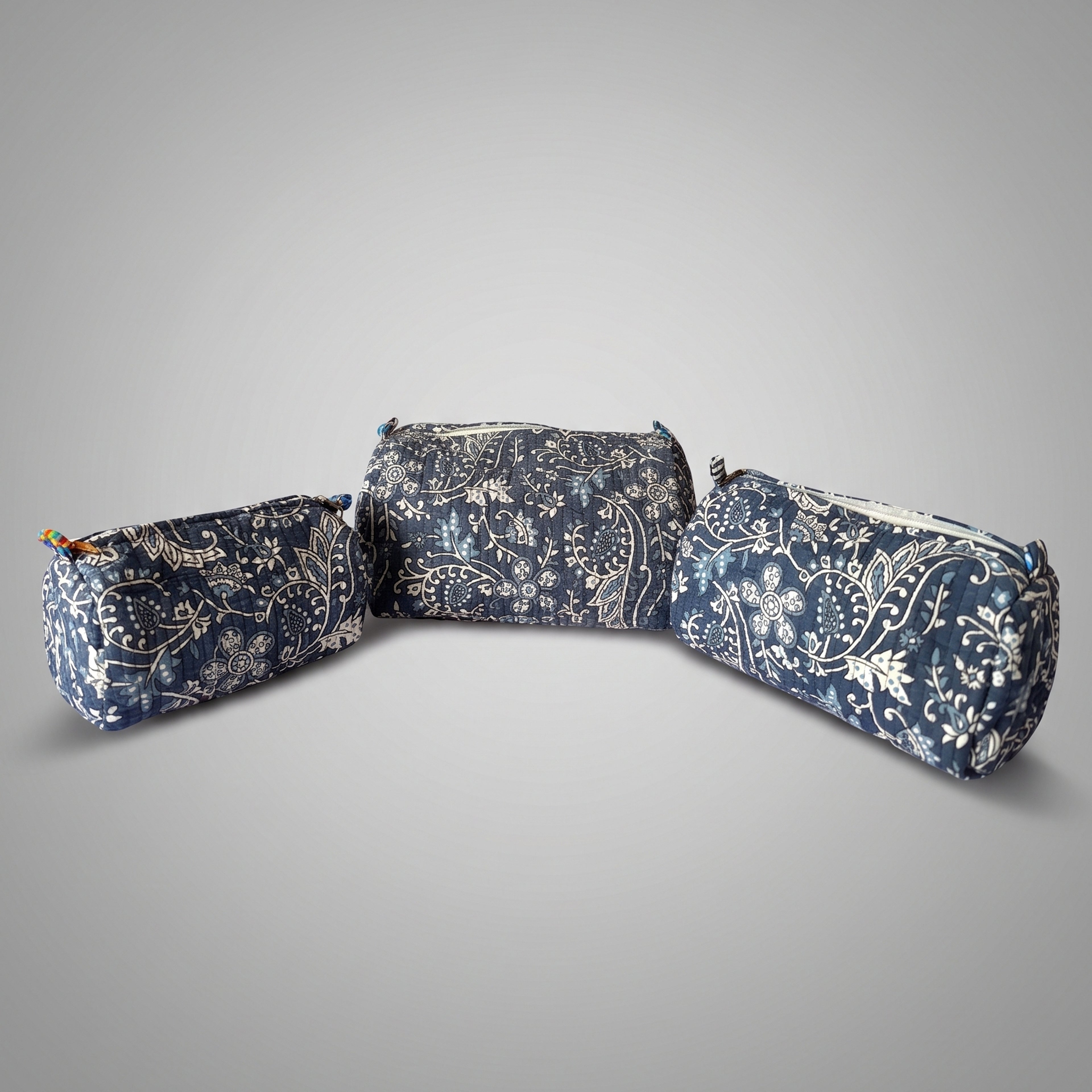 Thari Quilted Cotton Cosmetic Pouch Set of 3 - Blue Indigo Paisley Print Travel Organiser with Waterproof Lining