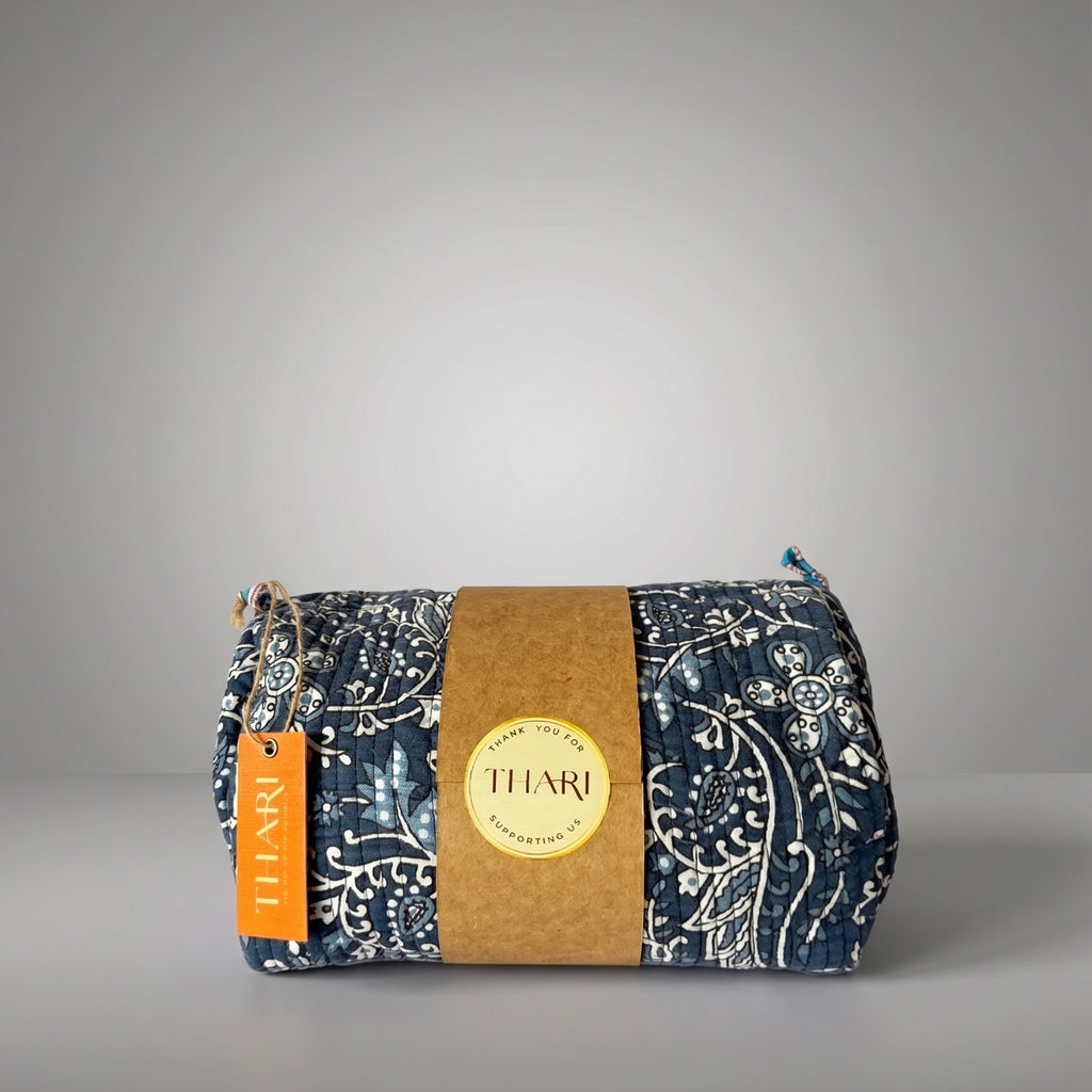 Thari Quilted Cotton Cosmetic Pouch Set of 3 - Blue Indigo Paisley Print Travel Organiser with Waterproof Lining