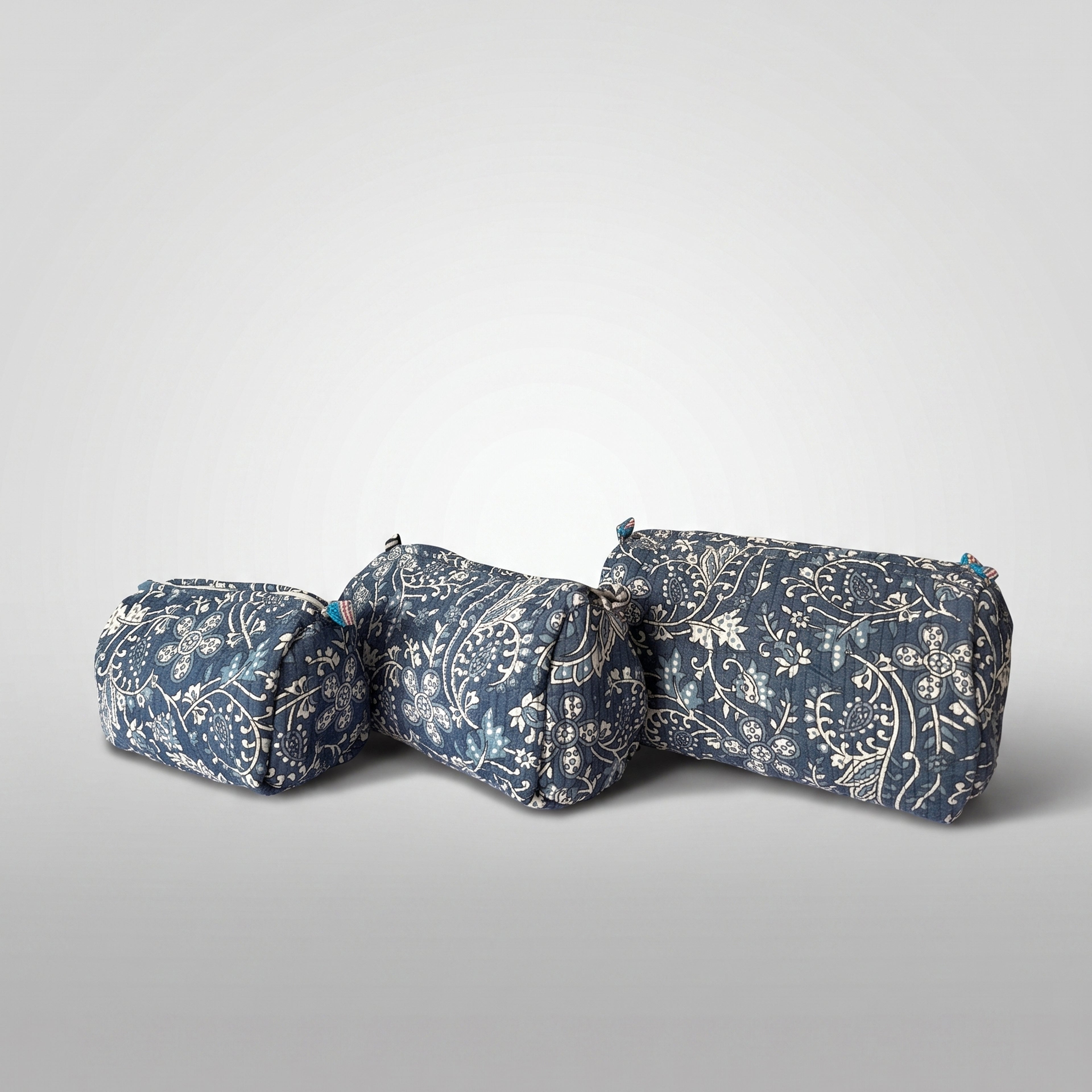 Thari Quilted Cotton Cosmetic Pouch Set of 3 - Blue Indigo Paisley Print Travel Organiser with Waterproof Lining