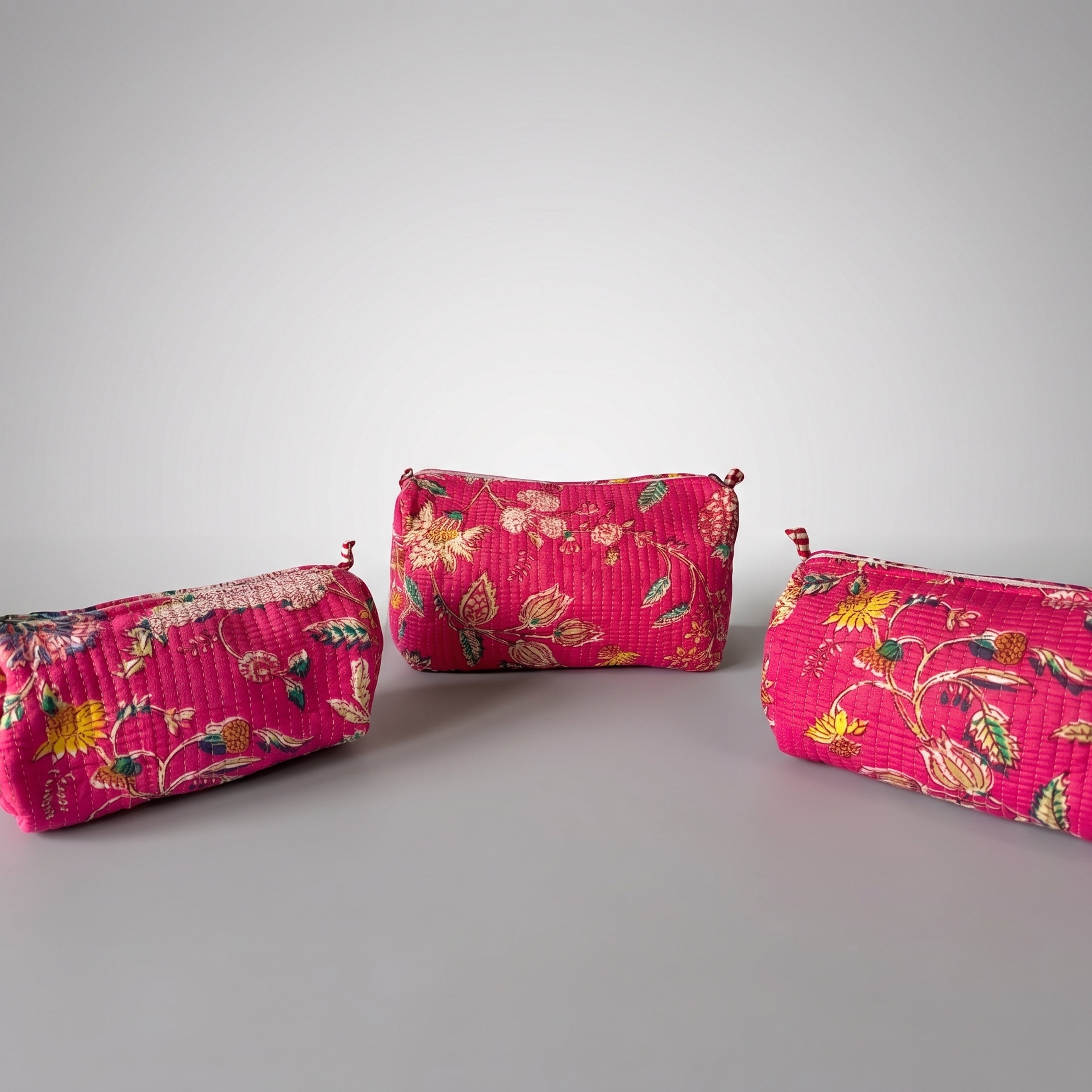 Thari Quilted Cotton Cosmetic Pouch Set of 3 - Hot Pink Floral Print Travel Organiser with Waterproof Lining