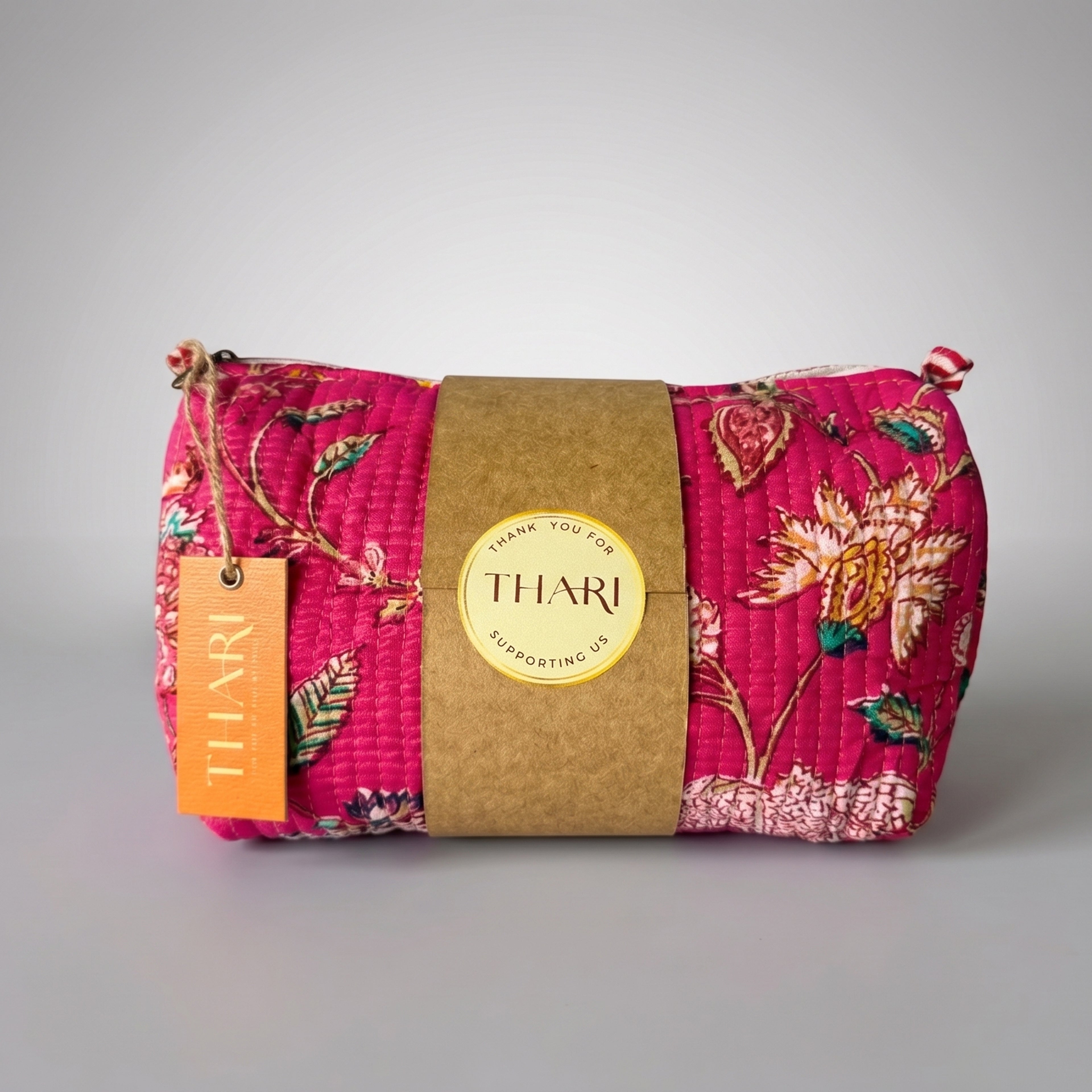 Thari Quilted Cotton Cosmetic Pouch Set of 3 - Hot Pink Floral Print Travel Organiser with Waterproof Lining