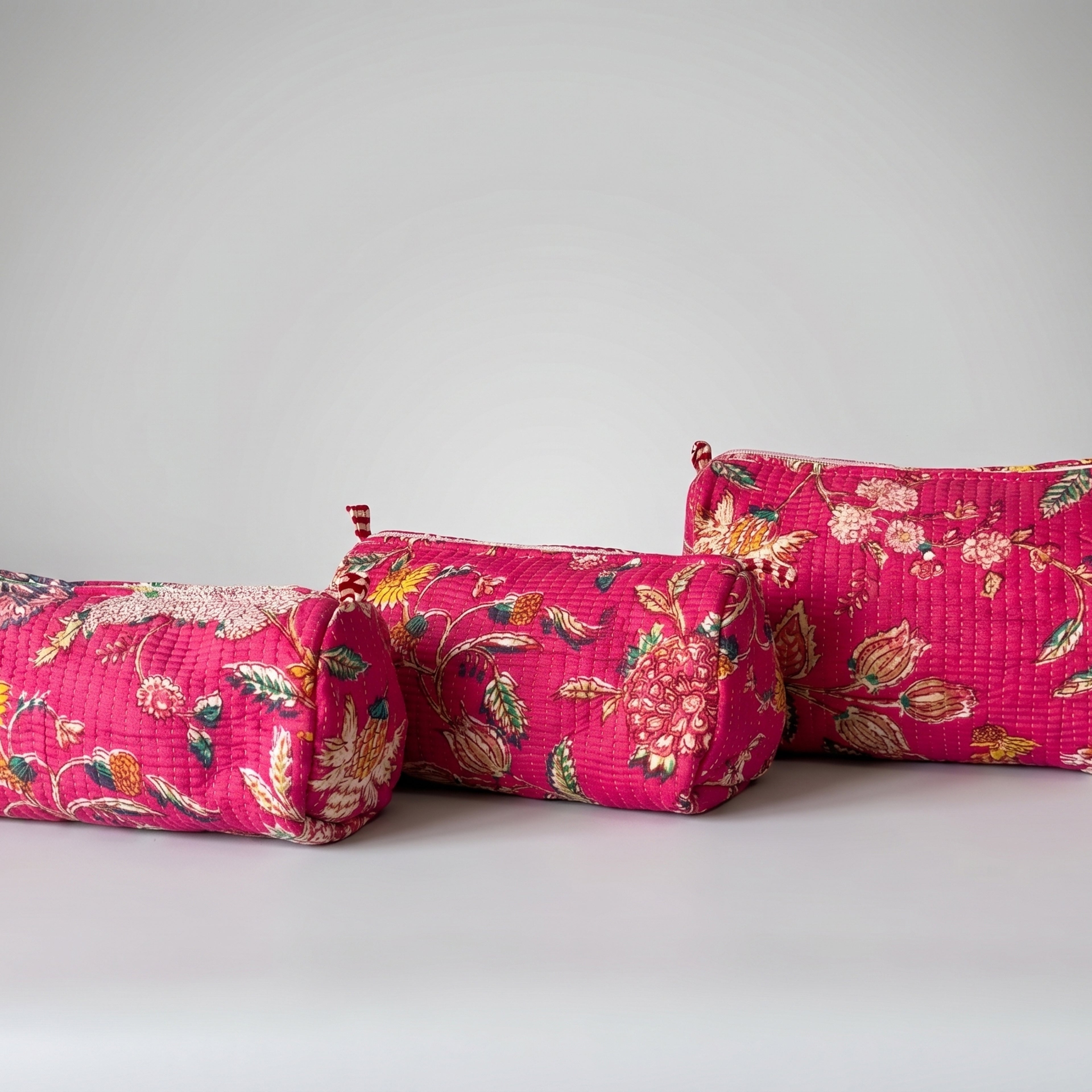 Thari Quilted Cotton Cosmetic Pouch Set of 3 - Hot Pink Floral Print Travel Organiser with Waterproof Lining