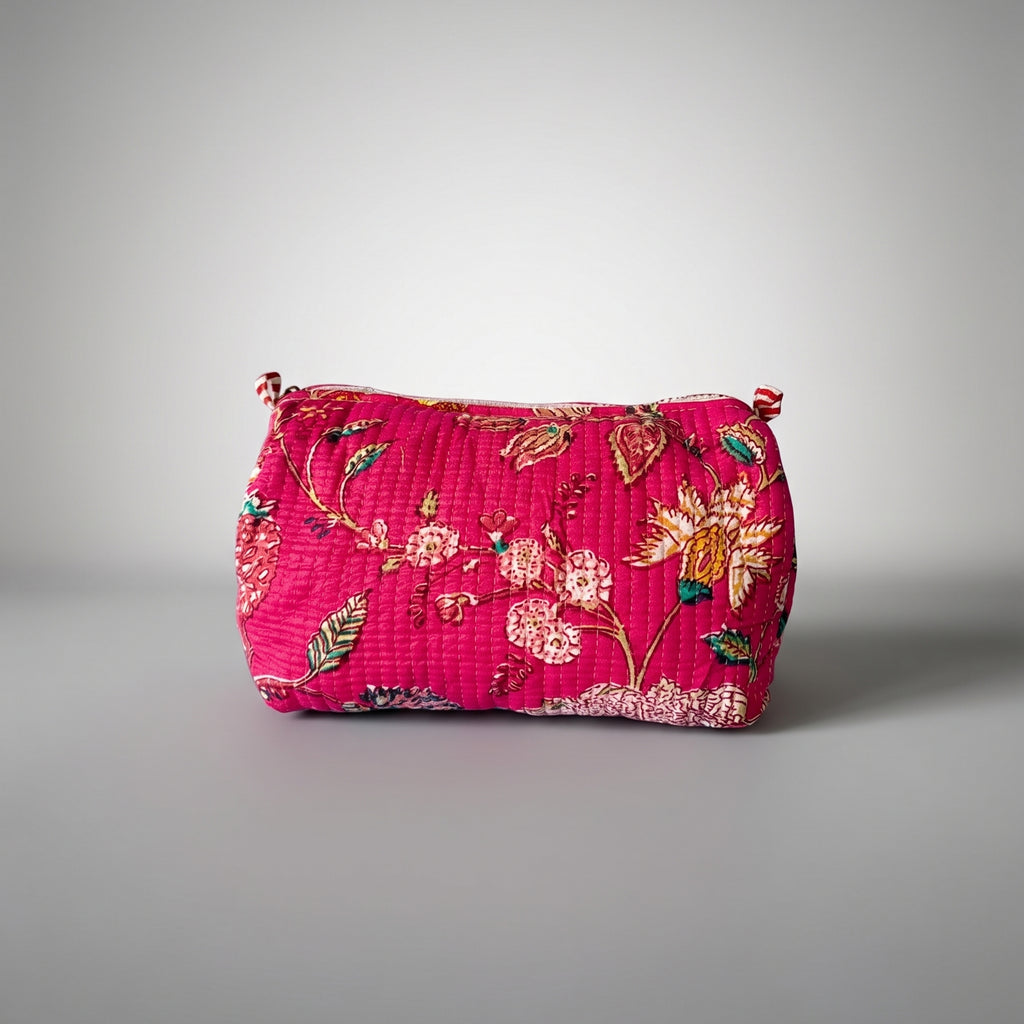 Thari Quilted Cotton Cosmetic Pouch Set of 3 - Hot Pink Floral Print Travel Organiser with Waterproof Lining