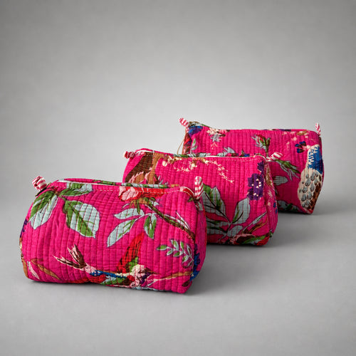 Thari Quilted Cotton Cosmetic Pouch Set of 3 - Magenta Woodland Print Travel Organiser with Waterproof Lining