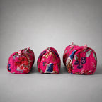 Thari Quilted Cotton Cosmetic Pouch Set of 3 - Magenta Woodland Print Travel Organiser with Waterproof Lining