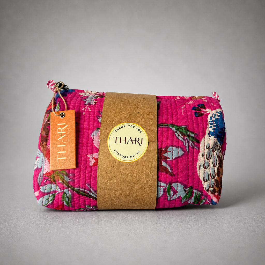 Thari Quilted Cotton Cosmetic Pouch Set of 3 - Magenta Woodland Print Travel Organiser with Waterproof Lining