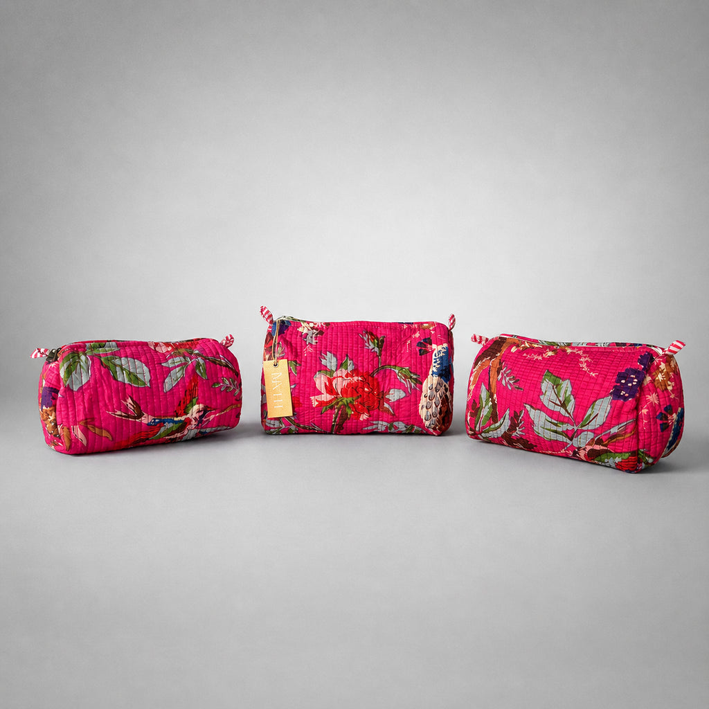 Thari Quilted Cotton Cosmetic Pouch Set of 3 - Magenta Woodland Print Travel Organiser with Waterproof Lining