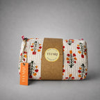 Thari Quilted Cotton Cosmetic Pouch Set of 3 - White & Amber Floral Print Travel Organiser with Waterproof Lining