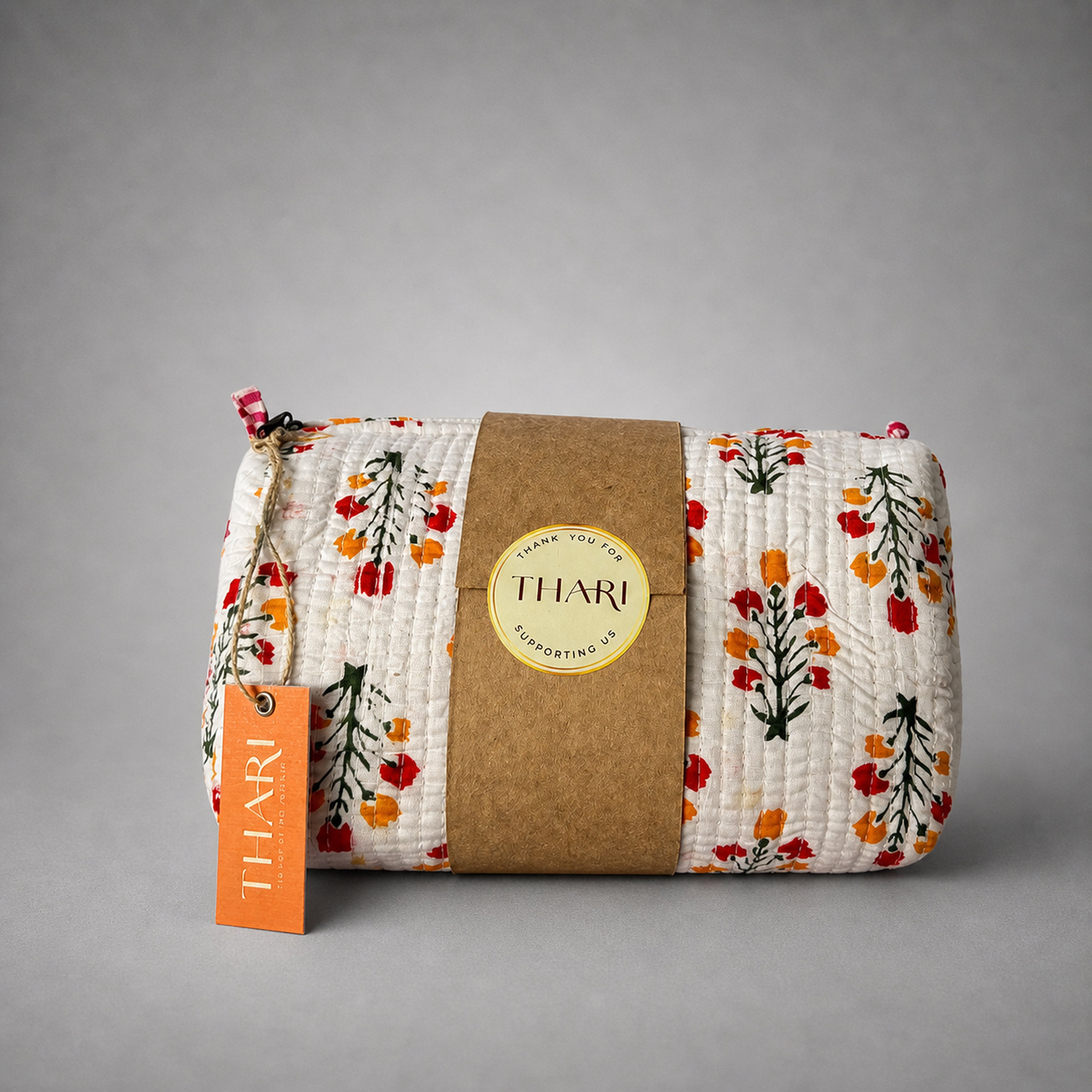 Thari Quilted Cotton Cosmetic Pouch Set of 3 - White & Amber Floral Print Travel Organiser with Waterproof Lining