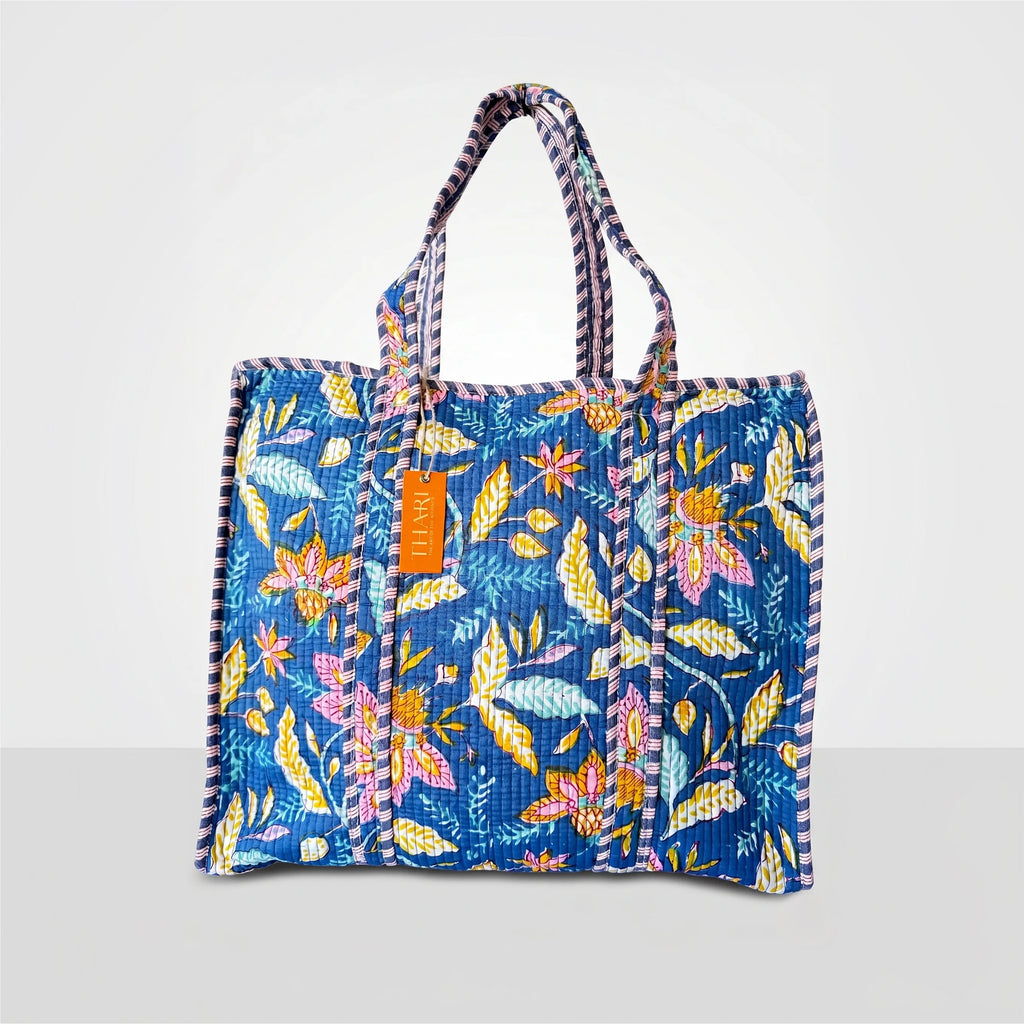 Thari Quilted Cotton Tote Bag - Indigo Garden Vine Print Versatile Carry-All