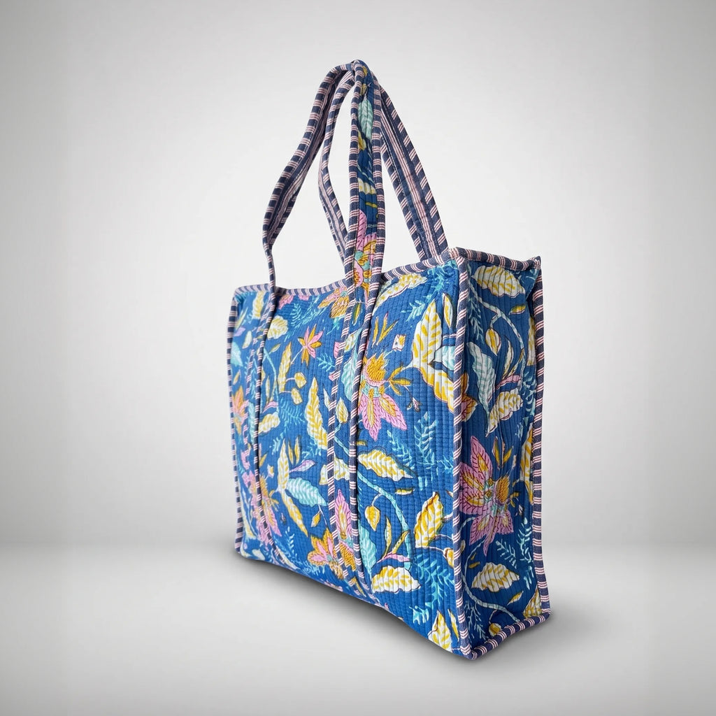 Thari Quilted Cotton Tote Bag - Indigo Garden Vine Print Versatile Carry-All