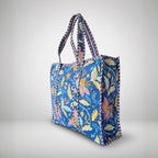 Thari Quilted Cotton Tote Bag - Indigo Garden Vine Print Versatile Carry-All