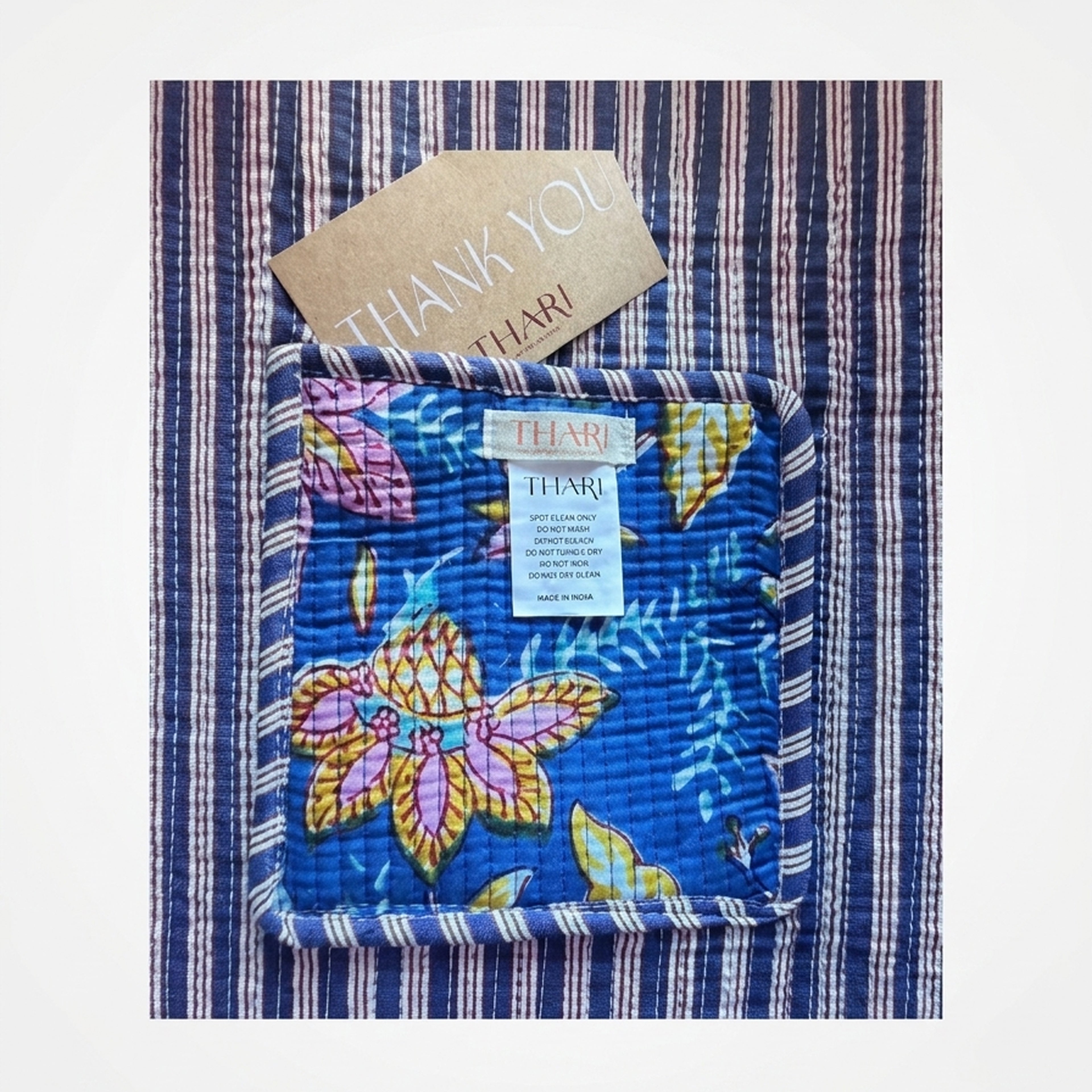 Thari Quilted Cotton Tote Bag - Indigo Garden Vine Print Versatile Carry-All