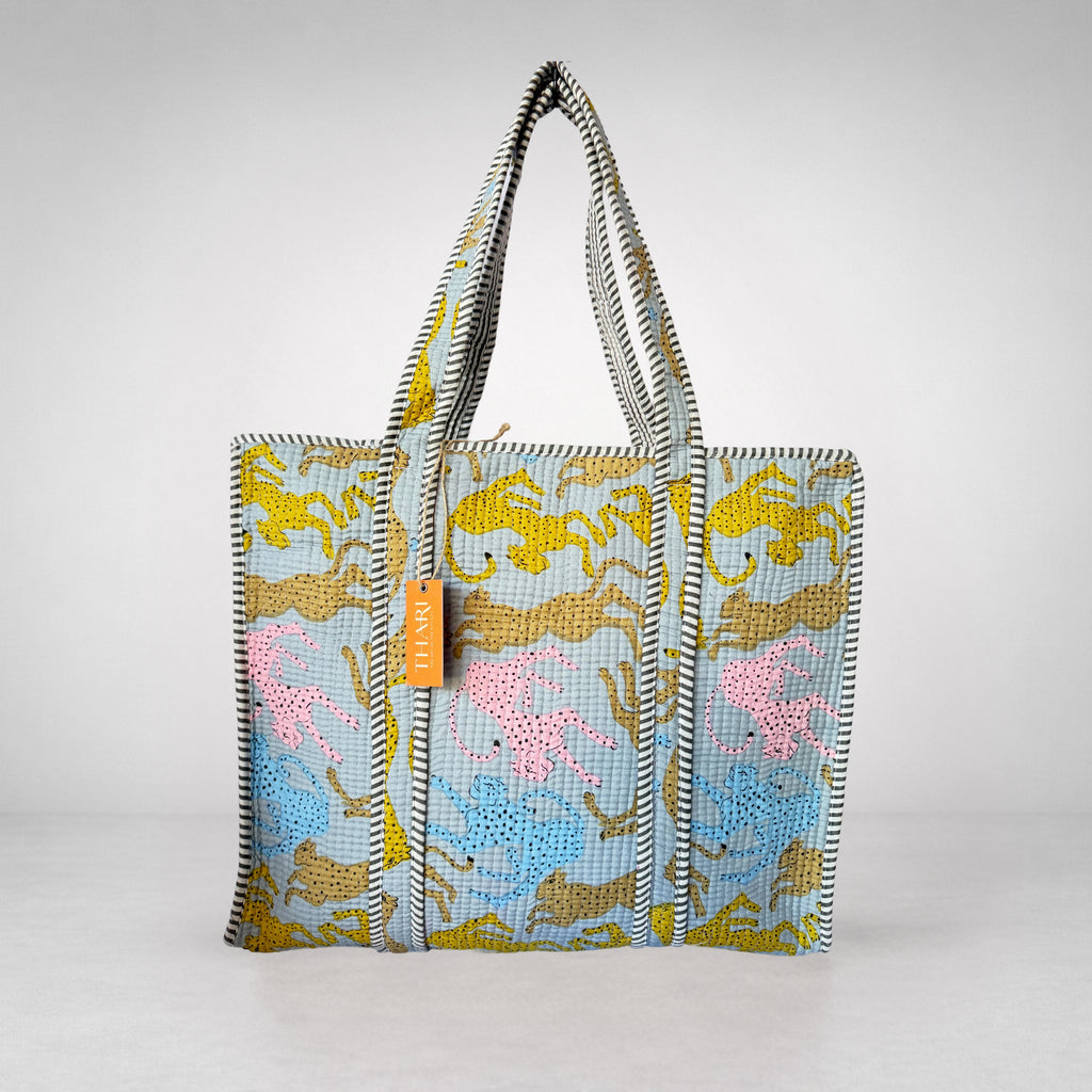 Thari Quilted Cotton Tote Bag - Multi Leopard Print Versatile Carry-All