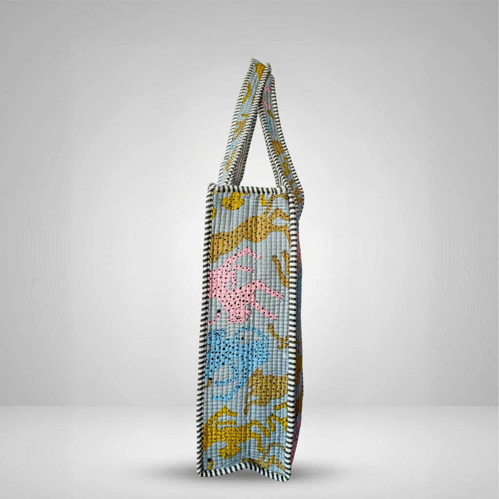 Thari Quilted Cotton Tote Bag - Multi Leopard Print Versatile Carry-All