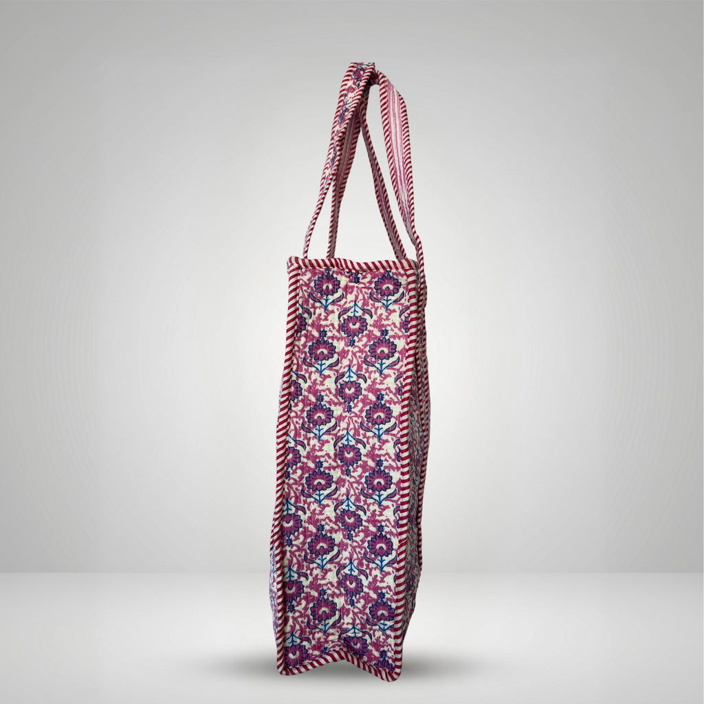 Thari Quilted Cotton Tote Bag - Pink Jasmine Vine Print Versatile Carry-All