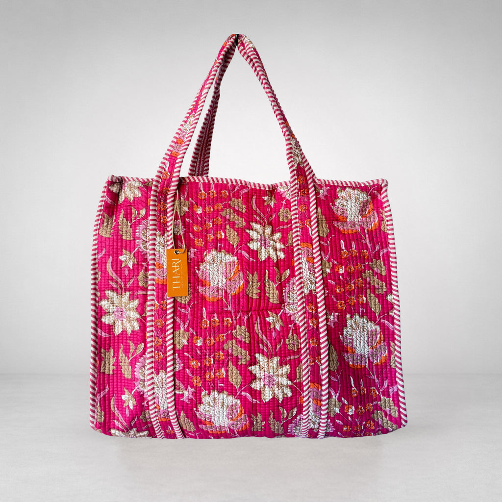 Thari Quilted Cotton Tote Bag - Fuchsia Bloom Print Versatile Carry-All
