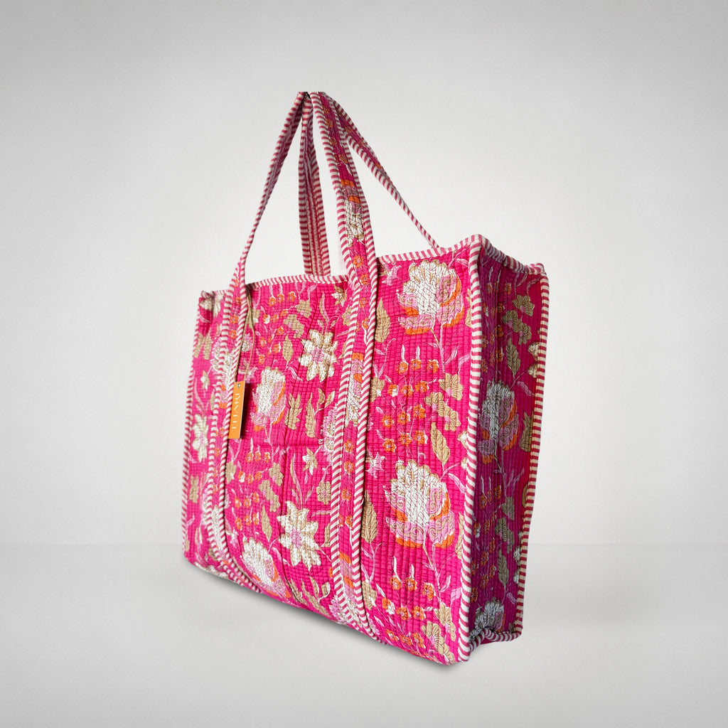 Thari Quilted Cotton Tote Bag - Fuchsia Bloom Print Versatile Carry-All