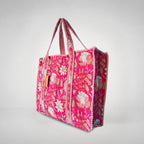 Thari Quilted Cotton Tote Bag - Fuchsia Bloom Print Versatile Carry-All