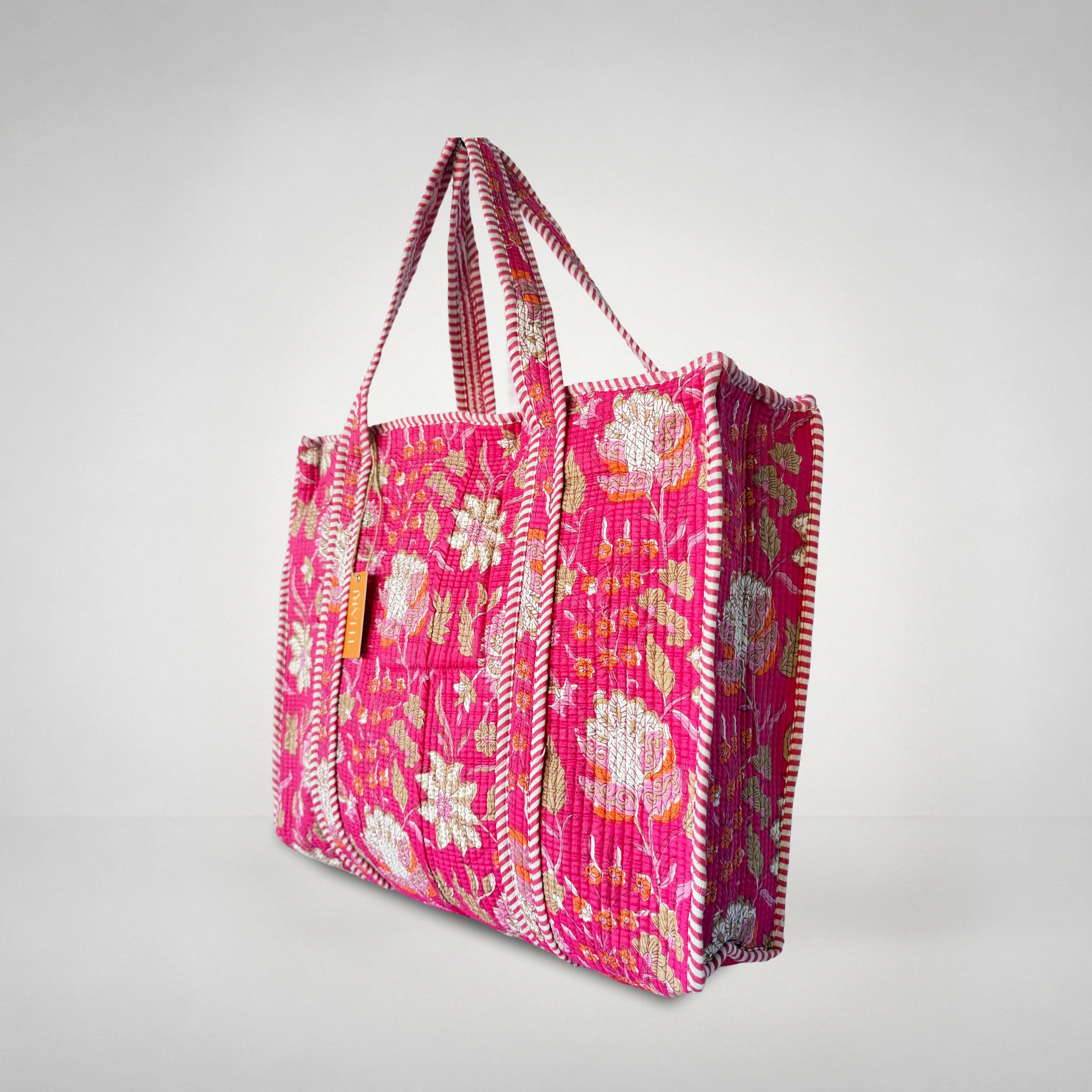 Thari Quilted Cotton Tote Bag - Fuchsia Bloom Print Versatile Carry-All