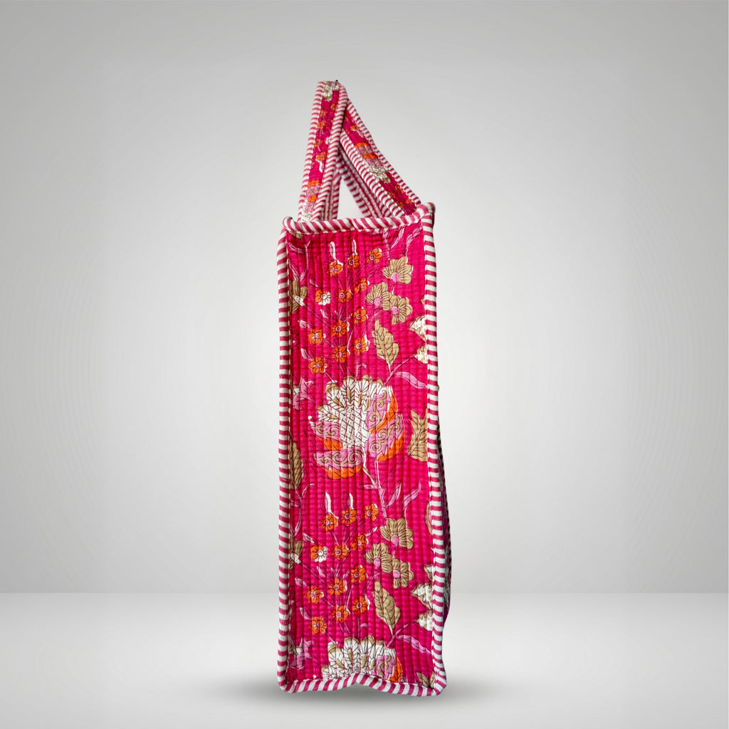 Thari Quilted Cotton Tote Bag - Fuchsia Bloom Print Versatile Carry-All