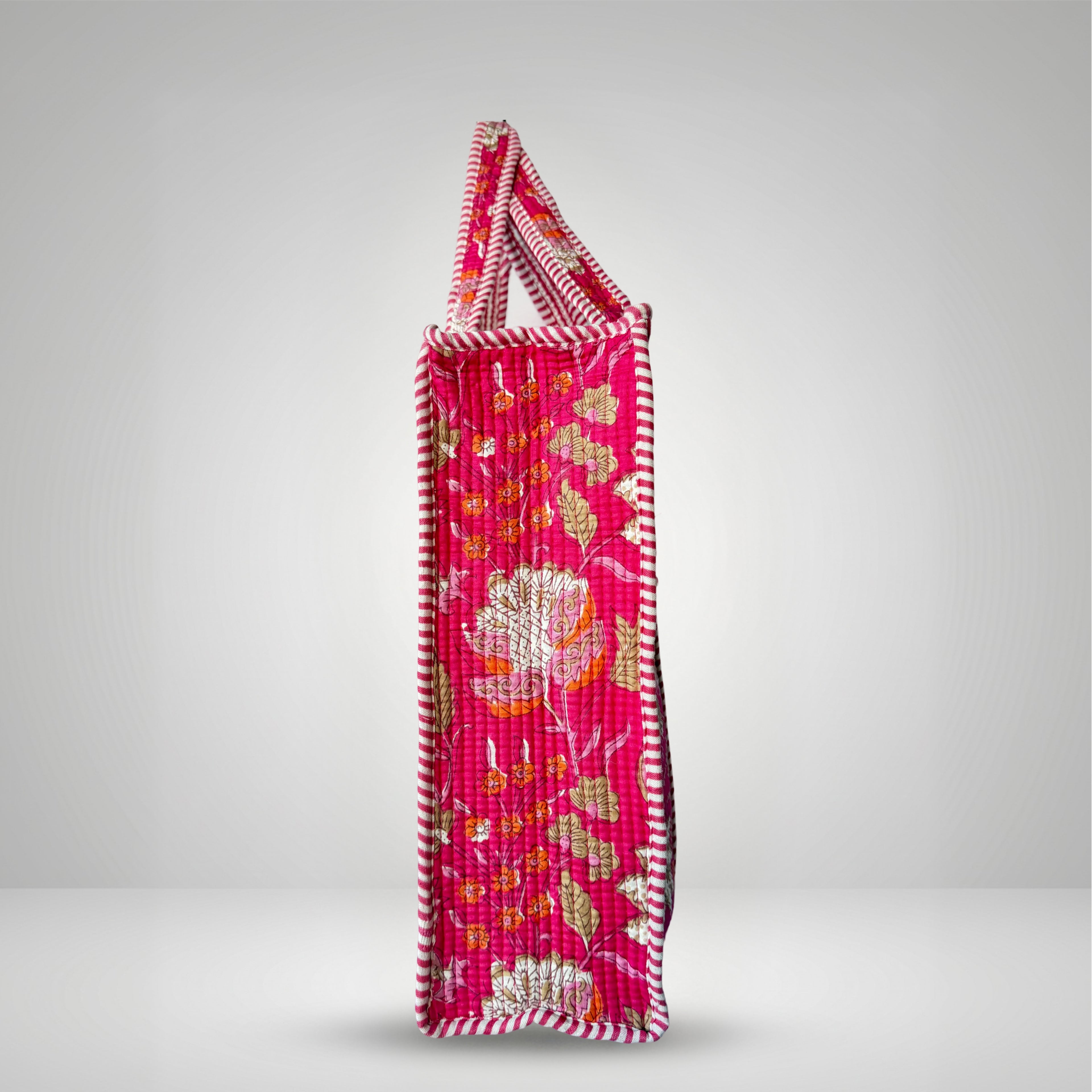 Thari Quilted Cotton Tote Bag - Fuchsia Bloom Print Versatile Carry-All
