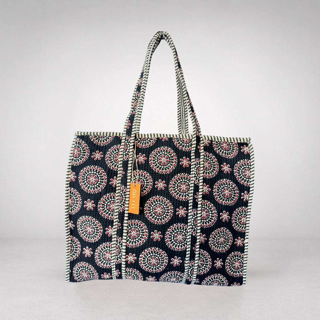 Thari Quilted Cotton Tote Bag - Black Mandala Print Versatile Carry-All