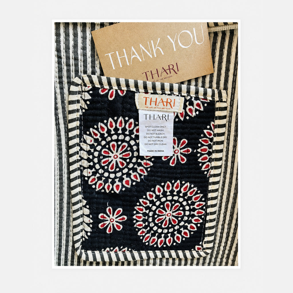Thari Quilted Cotton Tote Bag - Black Mandala Print Versatile Carry-All