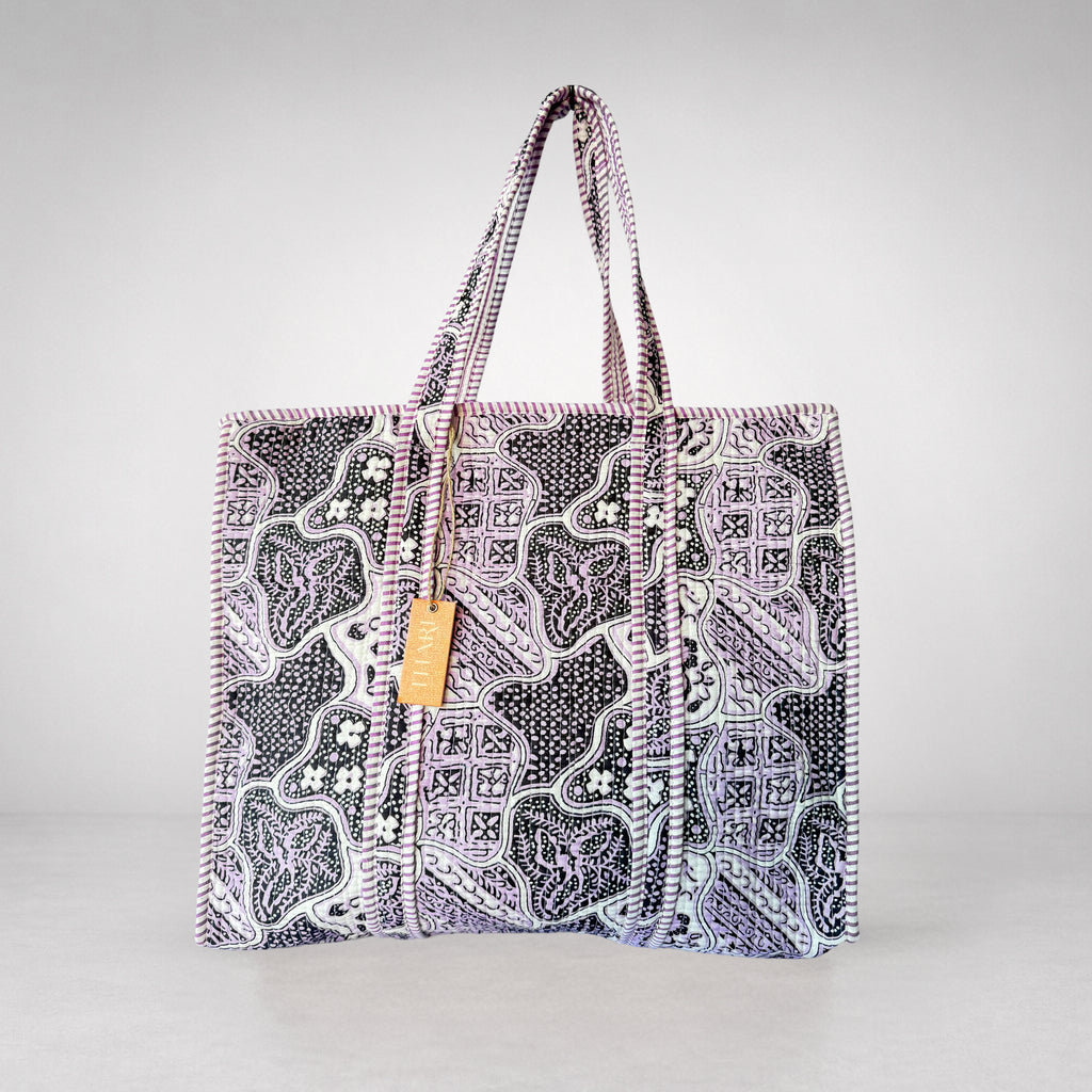 Thari Quilted Cotton Tote Bag - Midnight Orchid Abstract Print Versatile Carry-All