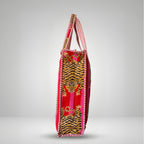 Thari Quilted Cotton Tote Bag - Red Tiger Stripe Print Versatile Carry-All