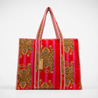Thari Quilted Cotton Tote Bag - Red Tiger Stripe Print Versatile Carry-All