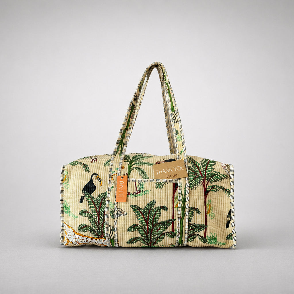 Thari Quilted Cotton Duffle Bag - Jungle Safari Print Weekender Travel Bag