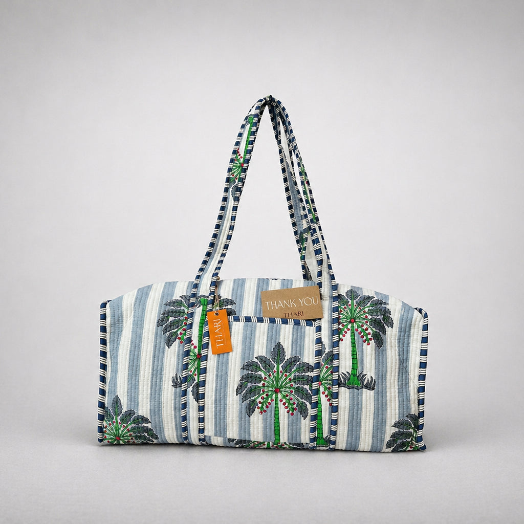 Thari Quilted Cotton Duffle Bag - Stripe & Palm Print Weekender Travel Bag