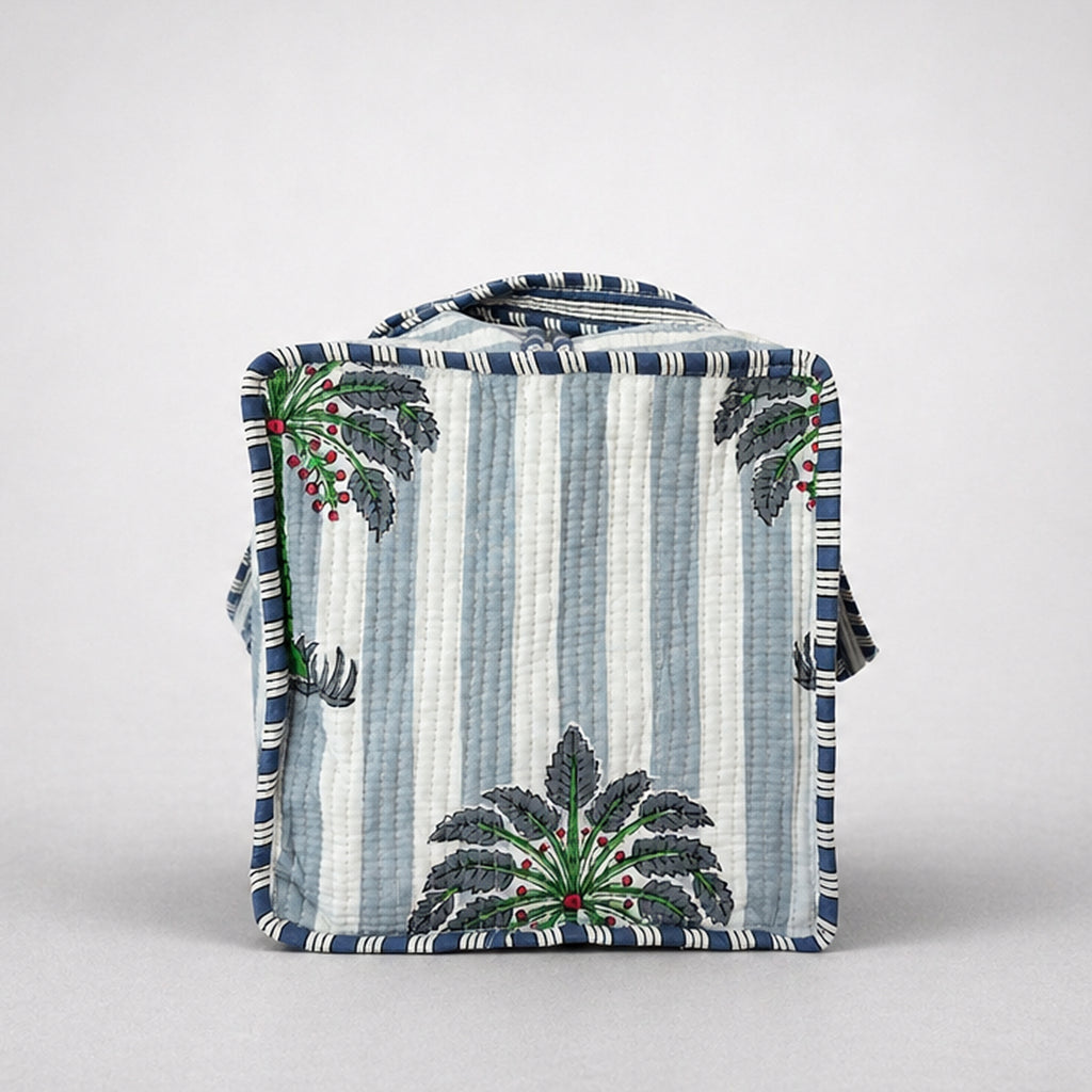Thari Quilted Cotton Duffle Bag - Stripe & Palm Print Weekender Travel Bag