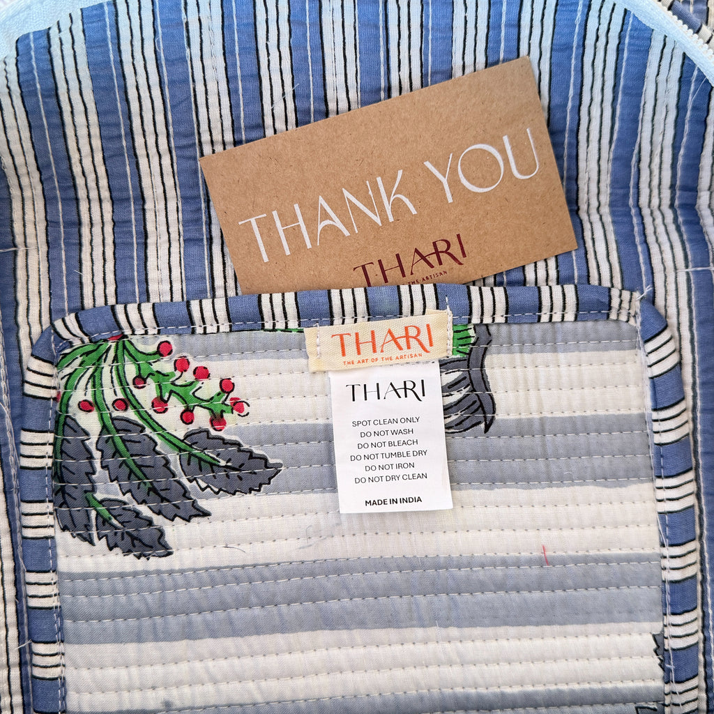 Thari Quilted Cotton Duffle Bag - Stripe & Palm Print Weekender Travel Bag