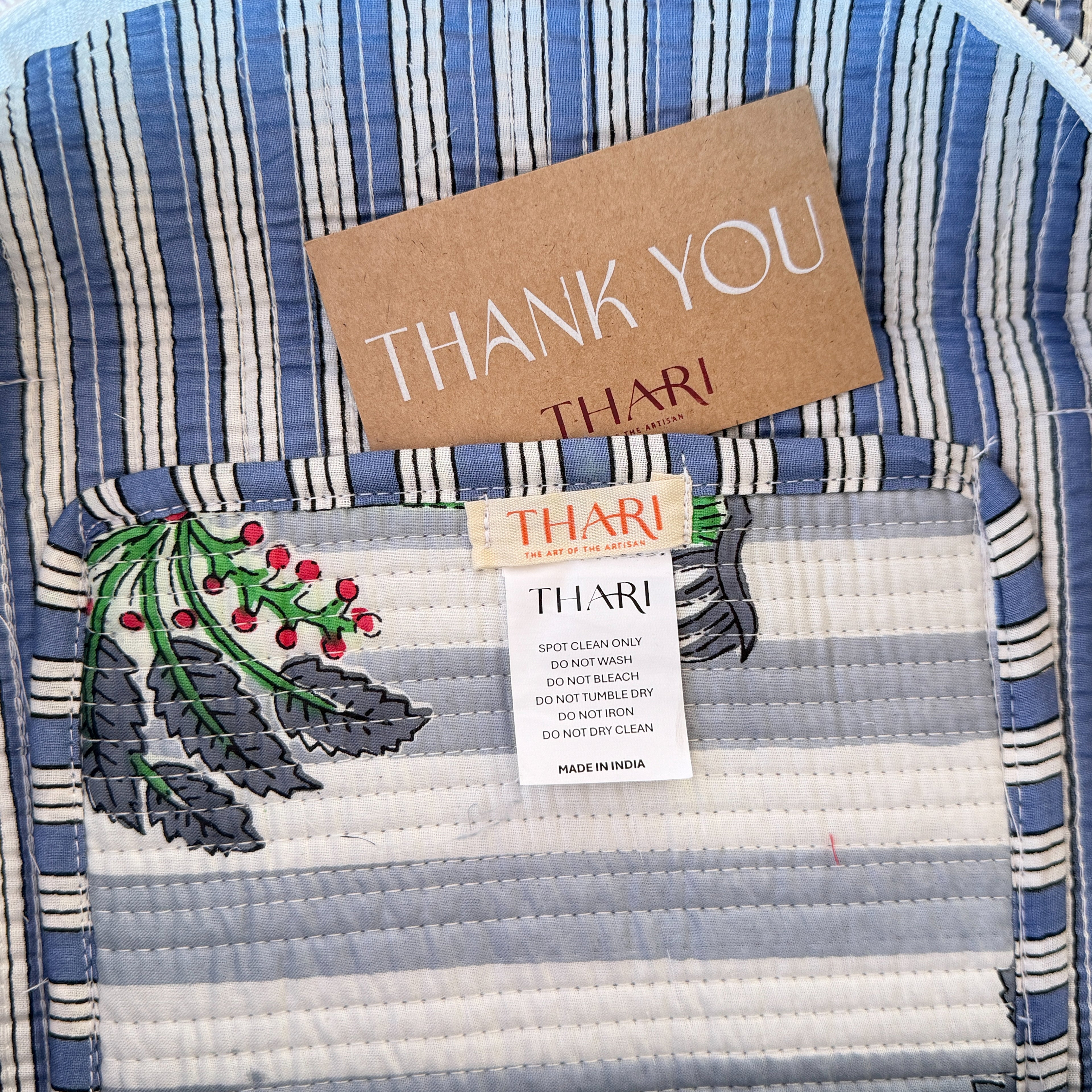 Thari Quilted Cotton Duffle Bag - Stripe & Palm Print Weekender Travel Bag