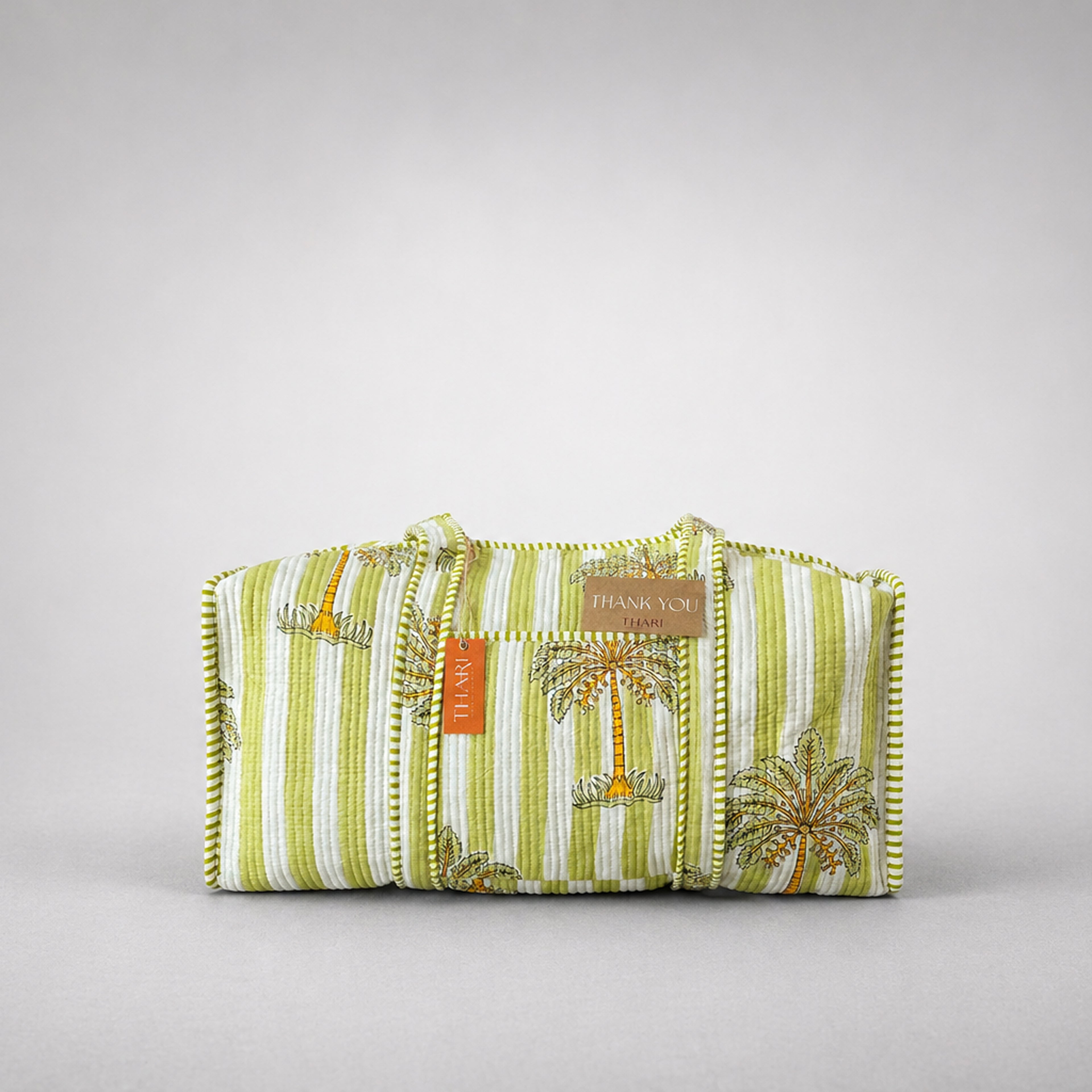 Thari Quilted Cotton Duffle Bag - Stripe & Palm Print Weekender Travel Bag
