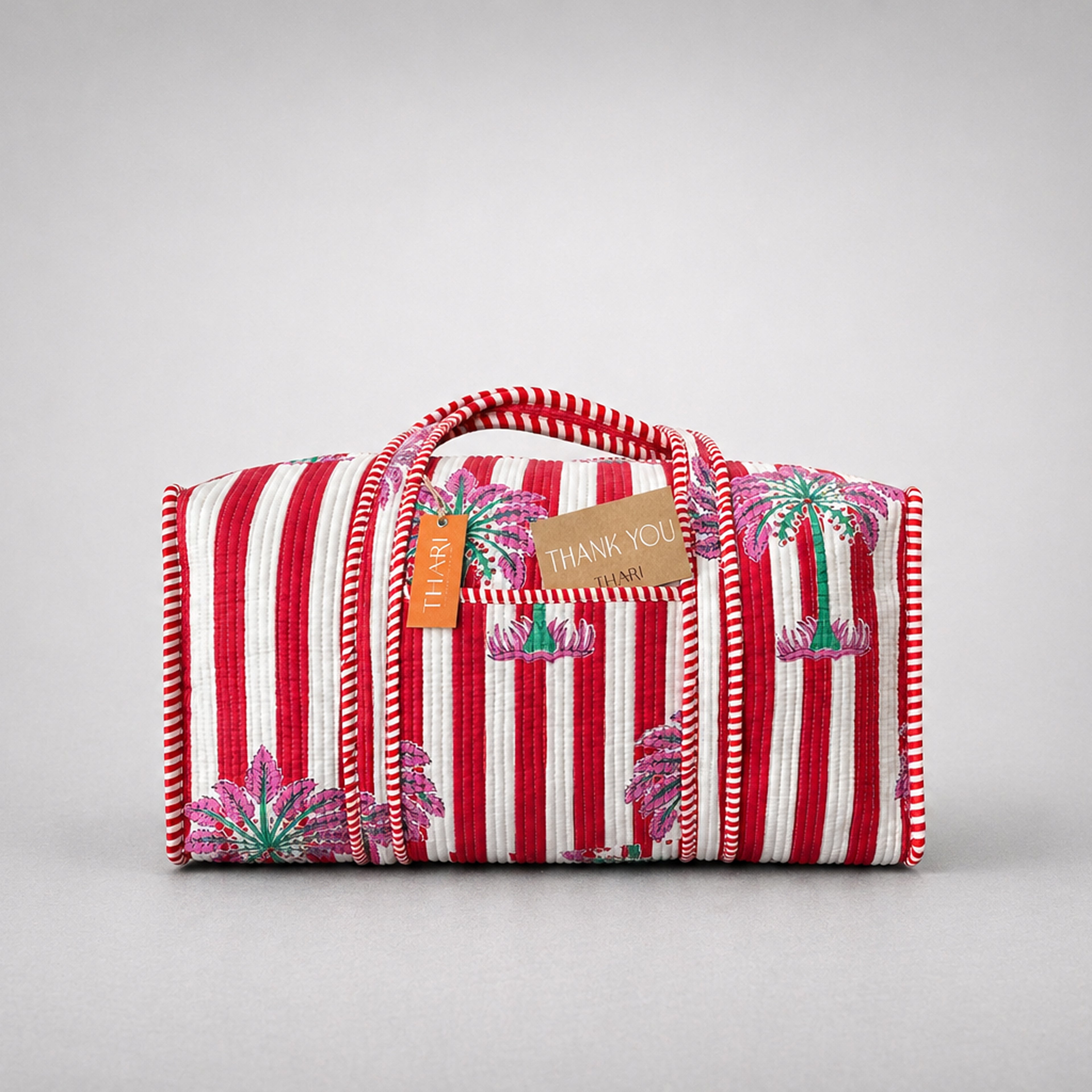 Thari Quilted Cotton Duffle Bag - Stripe & Palm Print Weekender Travel Bag